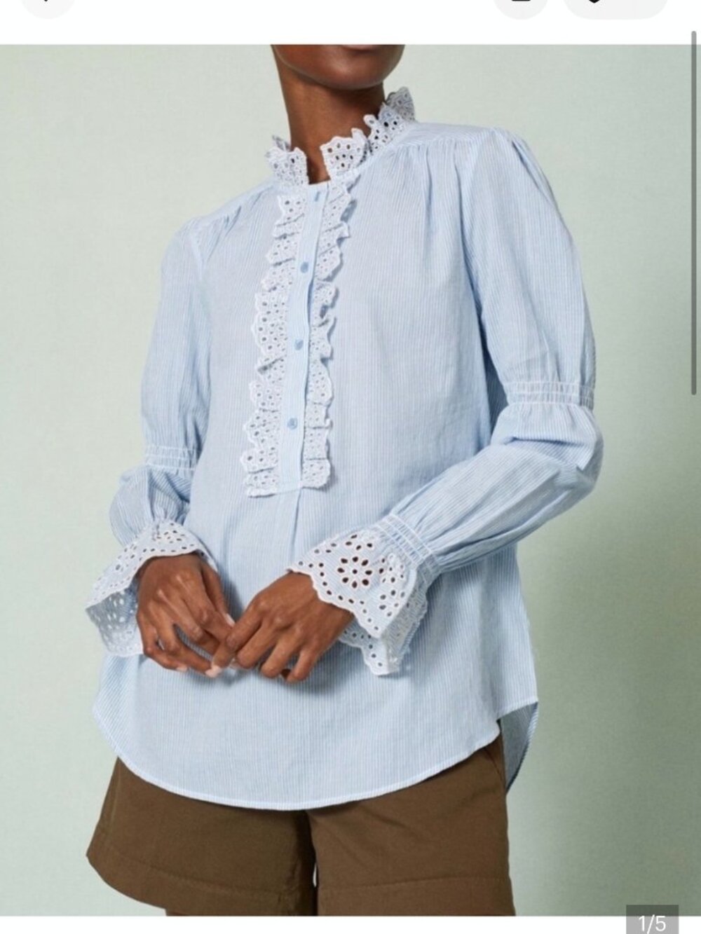 ME+EM Light Blue Eyelet Trim Long Sleeve Blouse Size 14